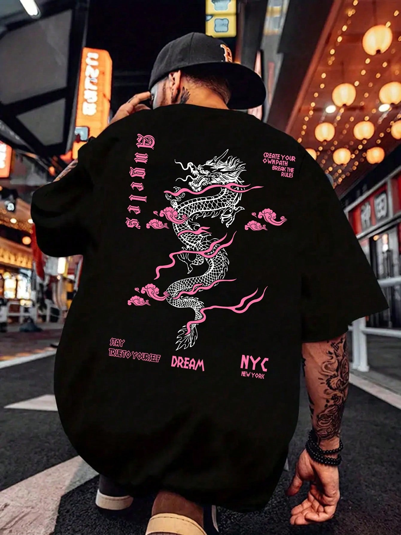 Men'S Letter & Dragon Print round Neck Casual Commuting T-Shirt