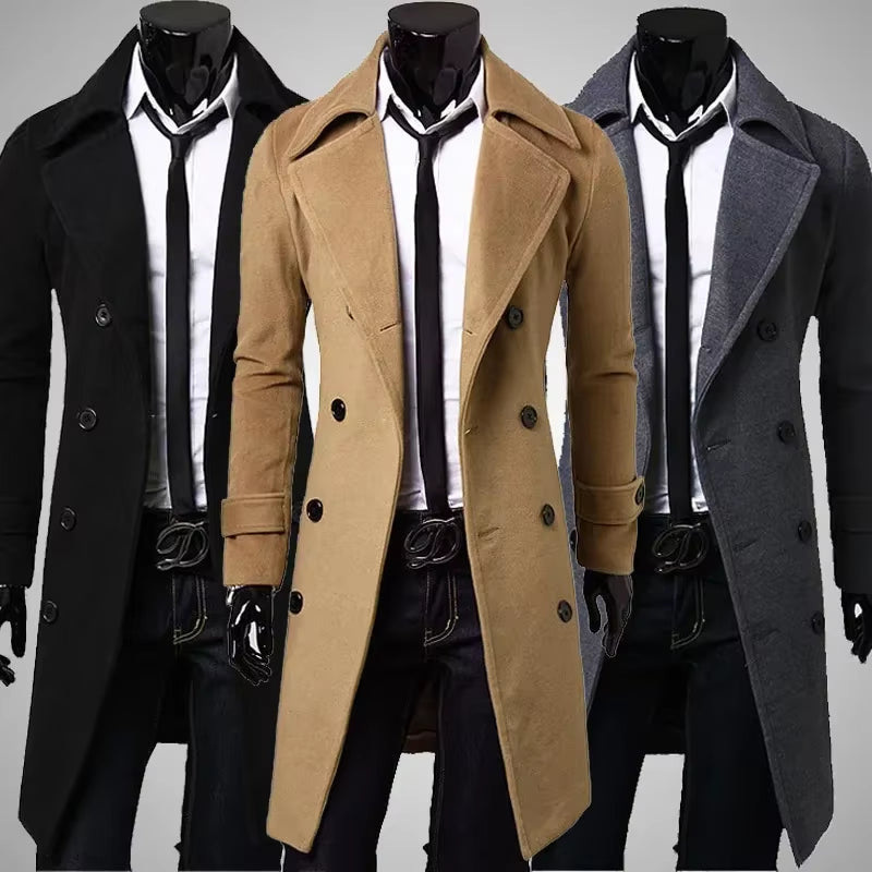 2024 New Men'S Double-Breasted Ni Trench Coat Long Fashion Slim Casual Coat Long Jackets for Men Techwear Coat Trench Coat