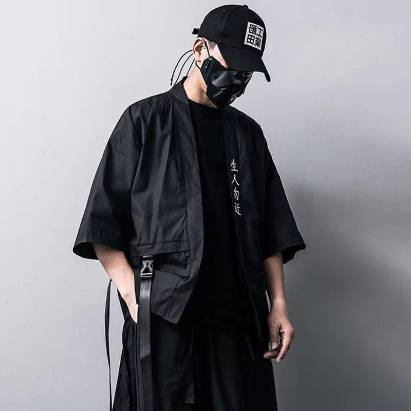 Men'S Taoist Robes Japanese Harajuku Techwear Short-Sleeved Women Men Shirt Thin Streewear Y2K Ribbons Casual Baggy Clothes