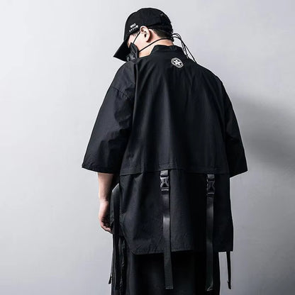 Men'S Taoist Robes Japanese Harajuku Techwear Short-Sleeved Women Men Shirt Thin Streewear Y2K Ribbons Casual Baggy Clothes