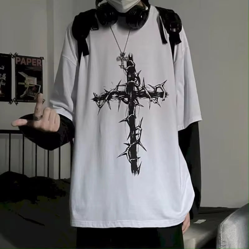 T-Shirt for Men Summer Cross of Thorns Suitcase Men'S T-Shirts Long-Sleeved Dark Hip-Hop Men'S Oversize T-Shirt Y2K T Shirt Tops