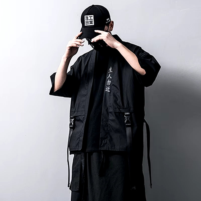 Men'S Taoist Robes Japanese Harajuku Techwear Short-Sleeved Women Men Shirt Thin Streewear Y2K Ribbons Casual Baggy Clothes