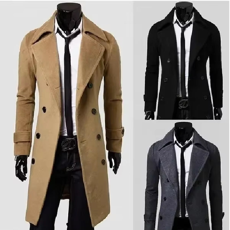 2024 New Men'S Double-Breasted Ni Trench Coat Long Fashion Slim Casual Coat Long Jackets for Men Techwear Coat Trench Coat