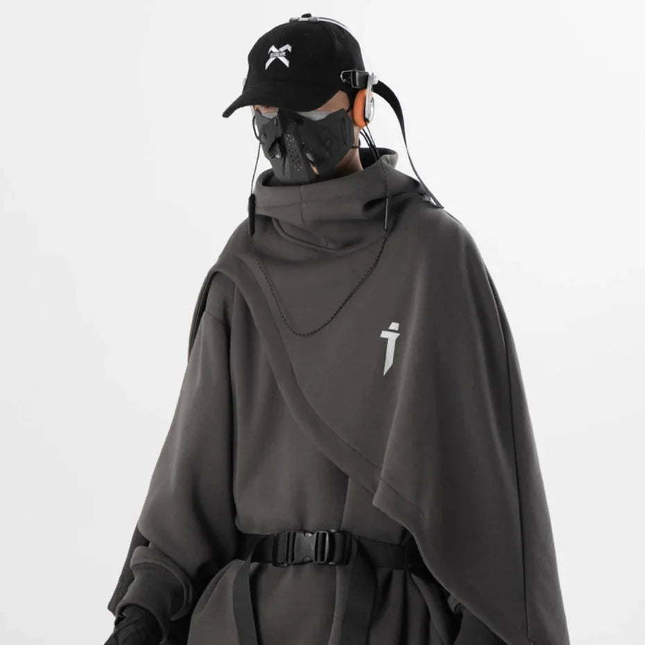 Stylish Poncho Hoodie Men'S Techwear Streetwear Hoodie Pullover Black Gray Dark Clothing Oversized Turtleneck Y2K Sweatshirt