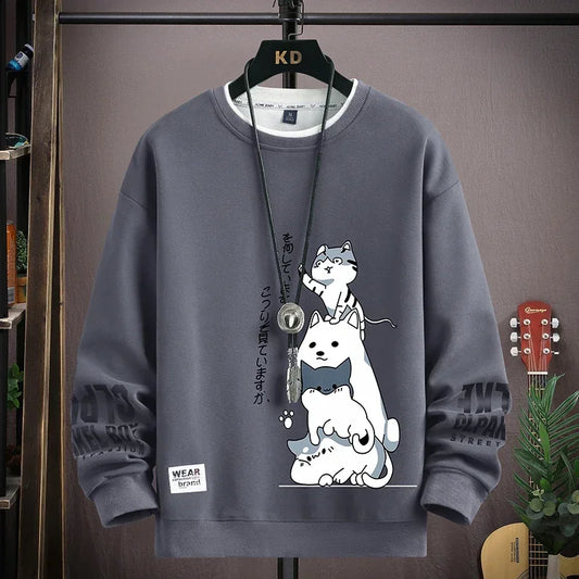 Trendy Autumn Men's Sweatshirt with Japan Cartoon Cat Print - Harajuku Style Long Sleeve Tee