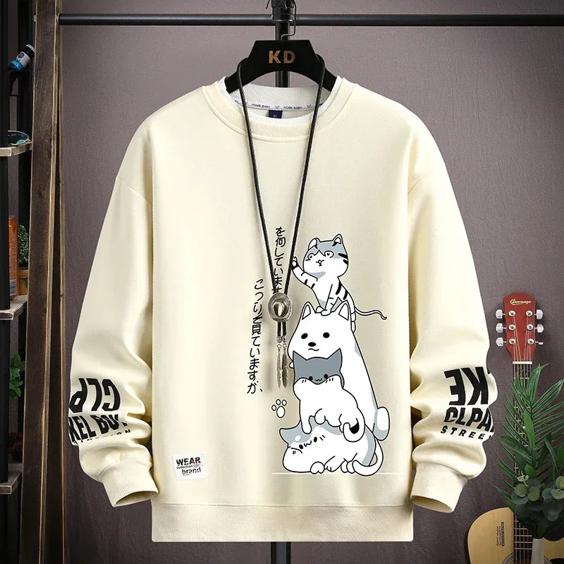 Trendy Autumn Men's Sweatshirt with Japan Cartoon Cat Print - Harajuku Style Long Sleeve Tee