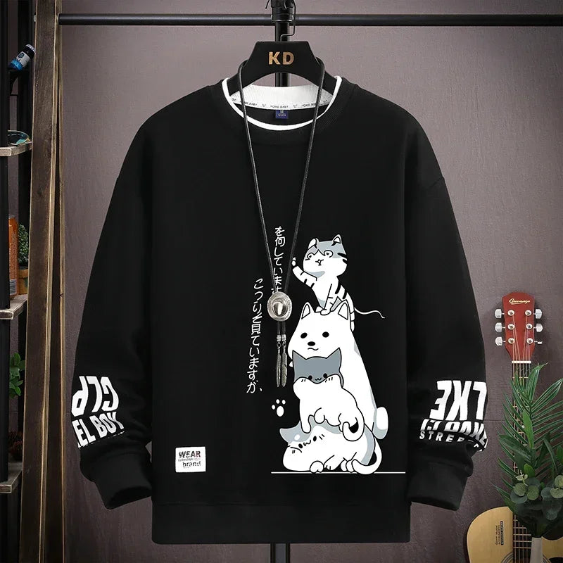 Trendy Autumn Men's Sweatshirt with Japan Cartoon Cat Print - Harajuku Style Long Sleeve Tee