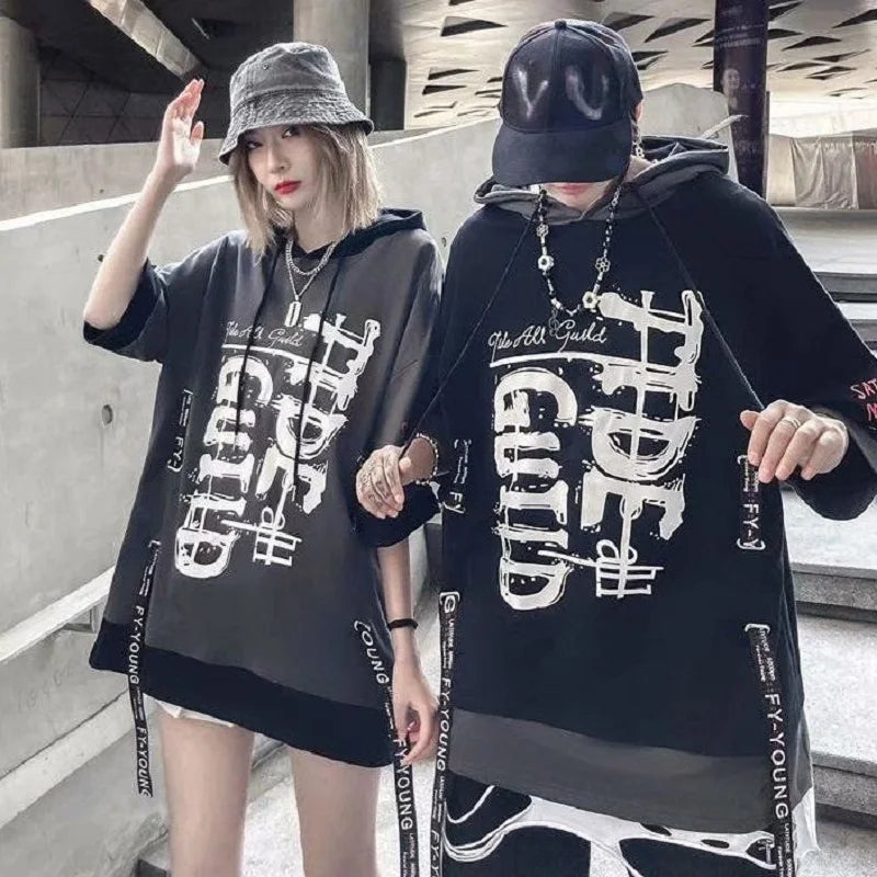 Stylish Letter Graffiti Men'S Hoodies Techwear Streetwear Summer Thin Tee Shirts Ribbons Men Lover'S Clothing