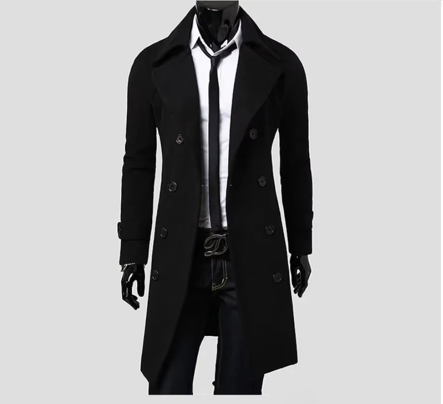 2024 New Men'S Double-Breasted Ni Trench Coat Long Fashion Slim Casual Coat Long Jackets for Men Techwear Coat Trench Coat