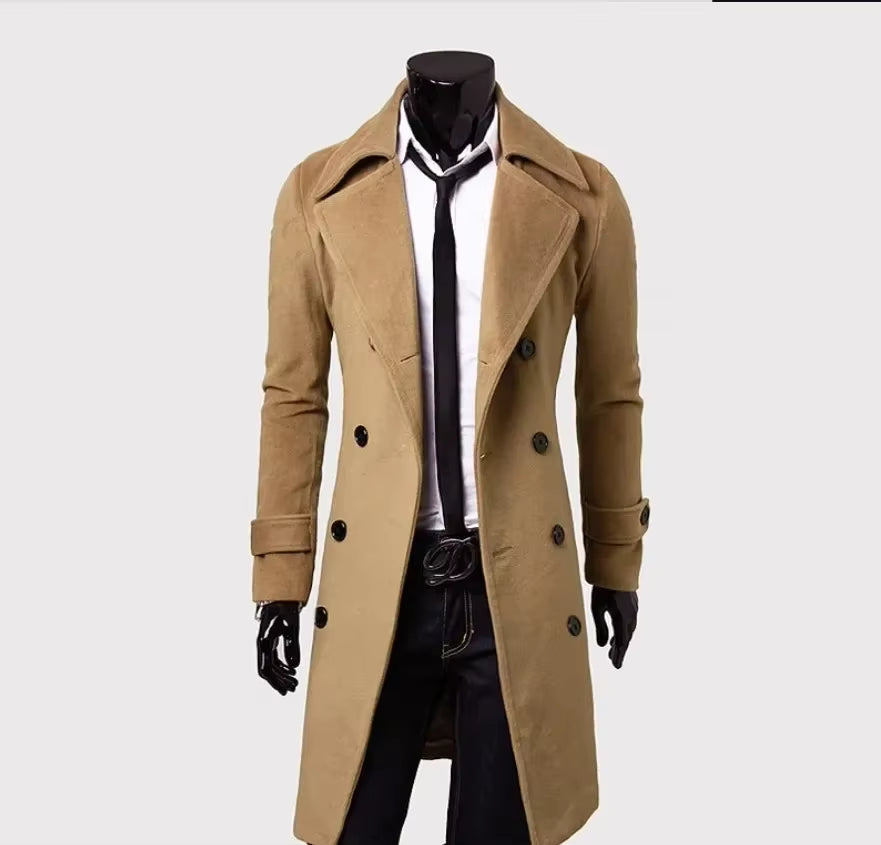 2024 New Men'S Double-Breasted Ni Trench Coat Long Fashion Slim Casual Coat Long Jackets for Men Techwear Coat Trench Coat