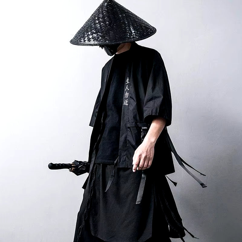 Men'S Taoist Robes Japanese Harajuku Techwear Short-Sleeved Women Men Shirt Thin Streewear Y2K Ribbons Casual Baggy Clothes