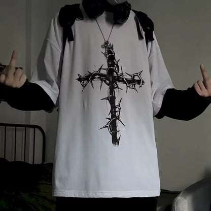 T-Shirt for Men Summer Cross of Thorns Suitcase Men'S T-Shirts Long-Sleeved Dark Hip-Hop Men'S Oversize T-Shirt Y2K T Shirt Tops