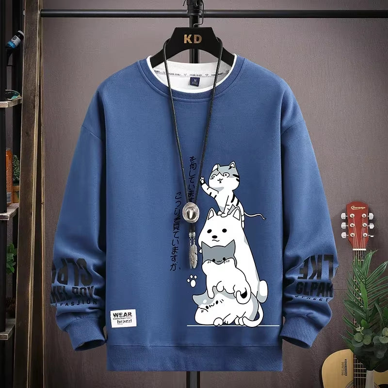 Trendy Autumn Men's Sweatshirt with Japan Cartoon Cat Print - Harajuku Style Long Sleeve Tee